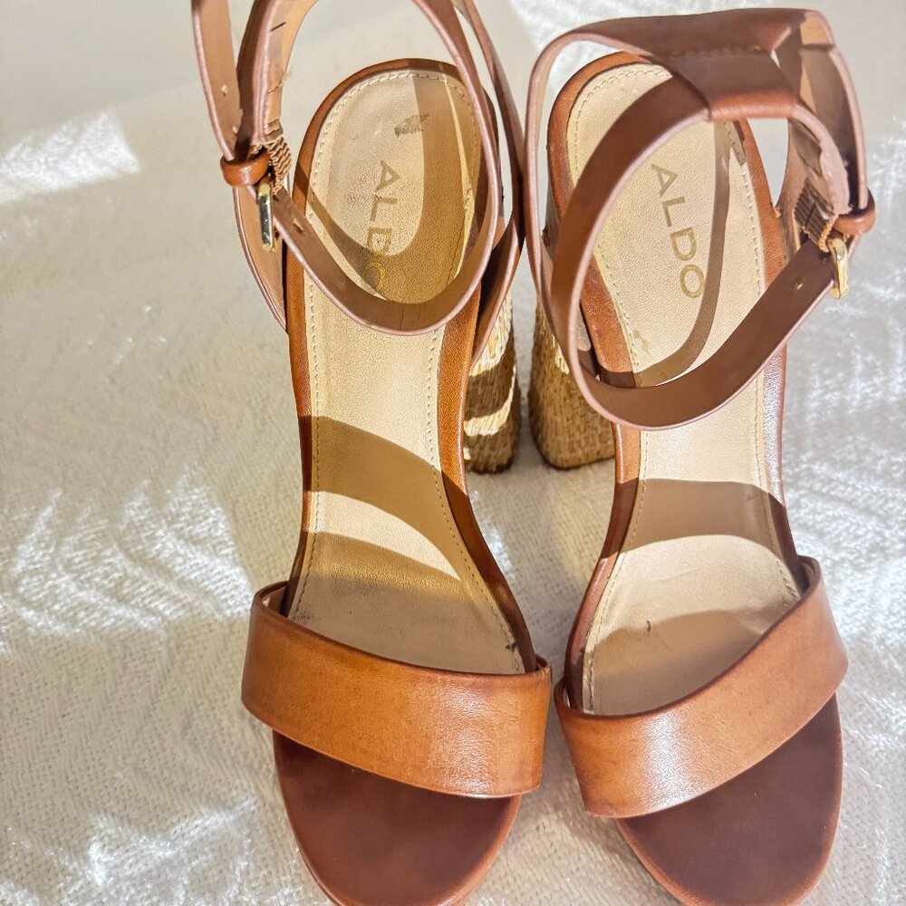Aldo brown raffia block heel sandals:
